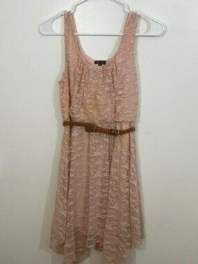 Lily Rose Sleeveless Lace Mini Dress, Lined, Belted, Pale Pink, Small